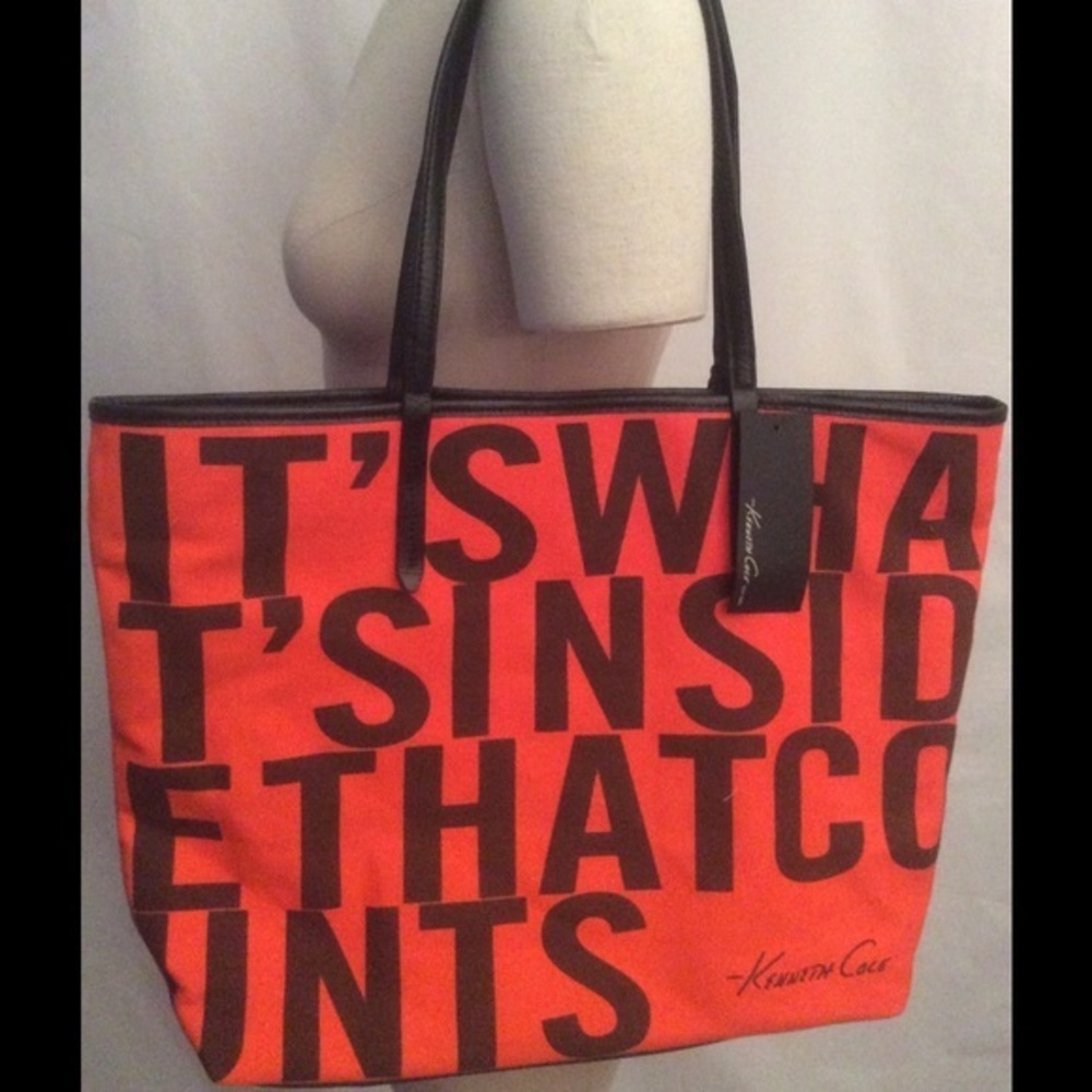 NWT Orange Kenneth Cole Leather Cotton Tote Bag
